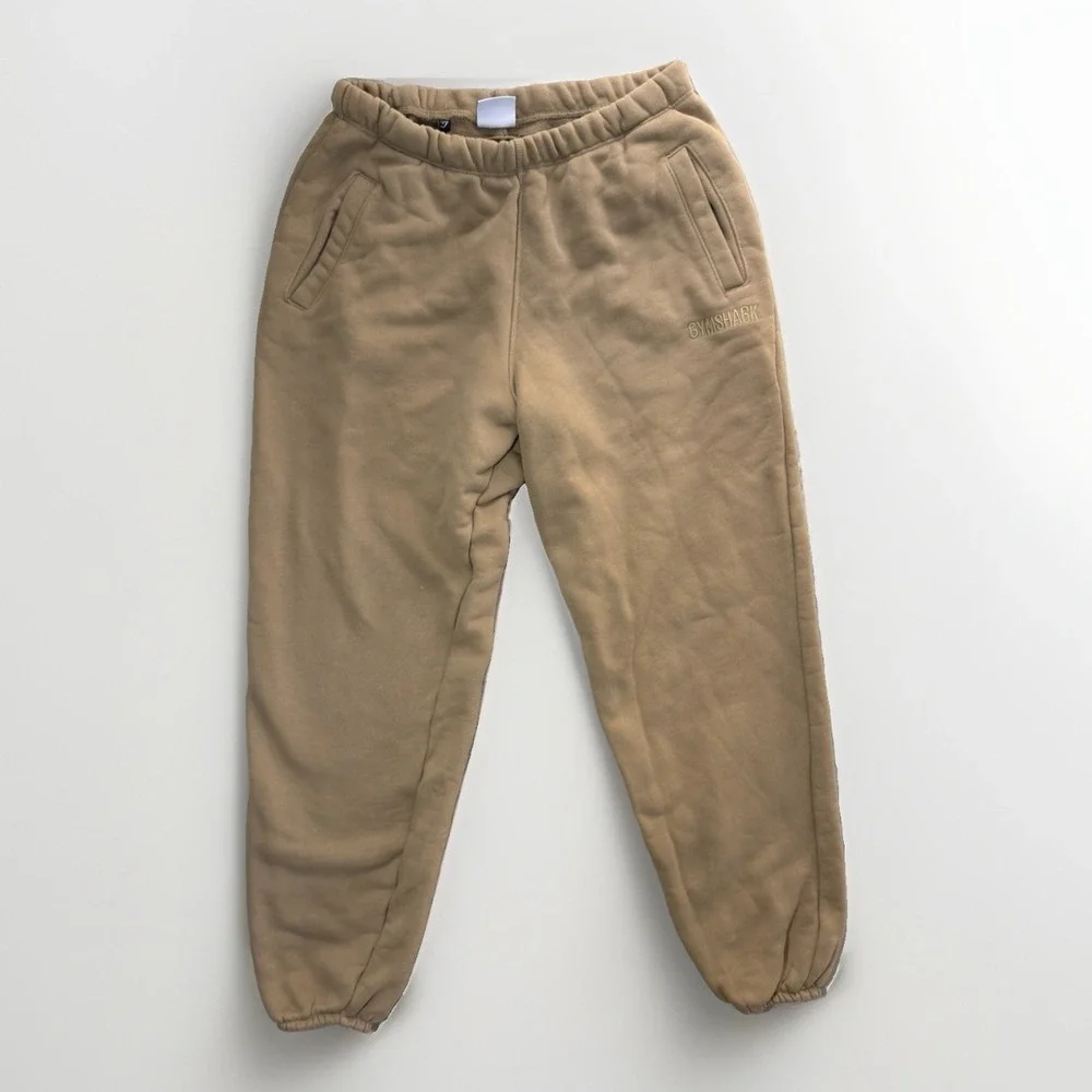 Gymshark Men's Joggers Medium M Tan Beige Fleece Sweatpants Elastic Cuff